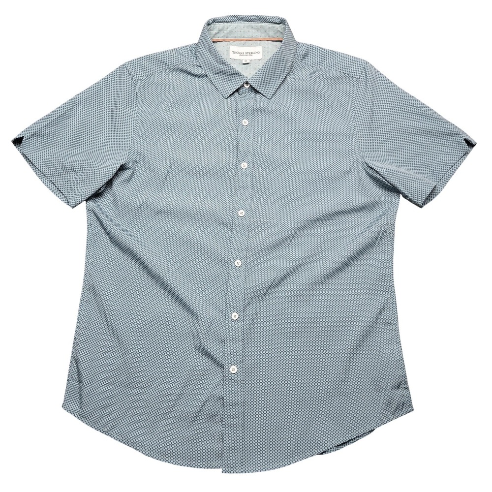 Thomas Sterling Shirt‎ Mens Medium Blue Geometric Short Sleeve Button Up Stretch